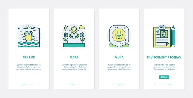 Tecnología de protección ecológica ux ui incorporación de la pantalla de la página de la aplicación móvil conjunto ambiental.