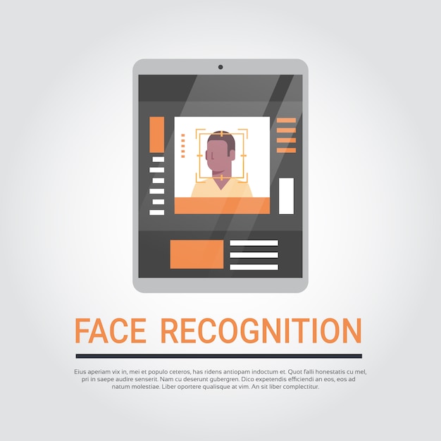 Tecnología de reconocimiento de rostro tableta digital sistema de seguridad escaneado afroamericano hombre usuario bioma
