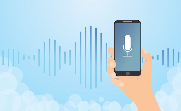Tecnología de reconocimiento de voz con teléfono inteligente y onda de ruido con estilo plano moderno - vector