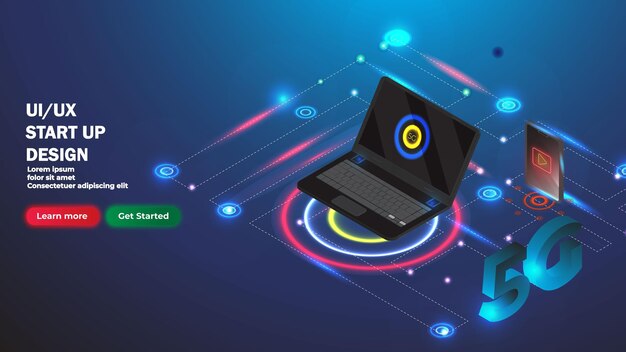 tecnología de red 5g interfaz de usuario de tecnología isométrica hp fondo isométrico y azul Premium
