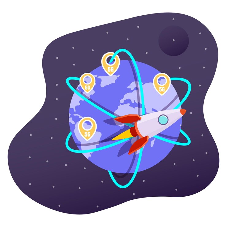 Vector tecnología de red inalámbrica 5g, internet global de alta velocidad, ilustración vectorial plana. cohete volando alrededor del planeta tierra.
