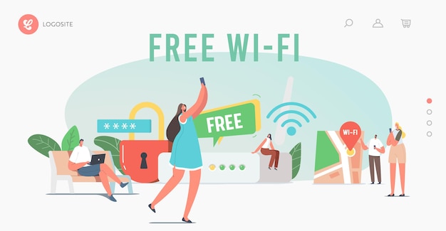 Tecnología de red moderna, plantilla de página de inicio de punto de acceso Wi-Fi gratuito. Los personajes diminutos en el enrutador enorme usan Internet en computadoras portátiles y teléfonos a través de una conexión inalámbrica Wifi. caricatura, gente, vector, ilustración