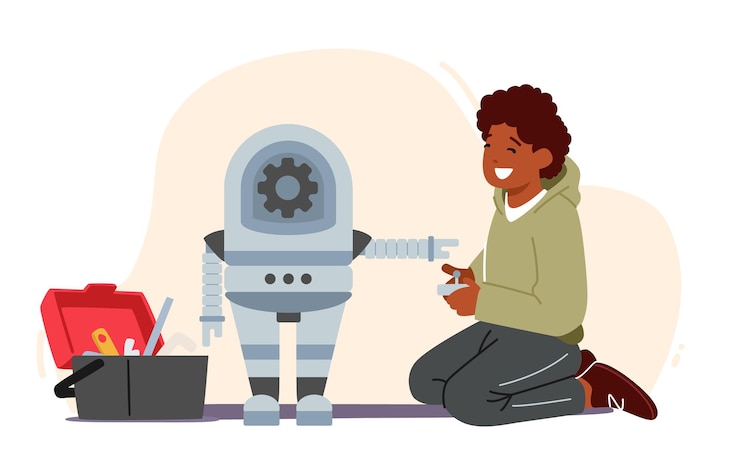 Vector tecnología de robótica de estudio de carácter de niño pequeño. clases de ingeniería e inteligencia para niños. robot de construcción de niño lindo, constructor de niños jugando, pasatiempo u ocio. ilustración de vector de gente de dibujos animados