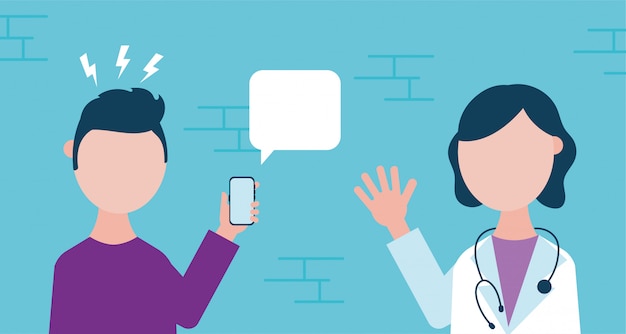 Tecnología de salud en línea con hombre usando teléfono inteligente y médico