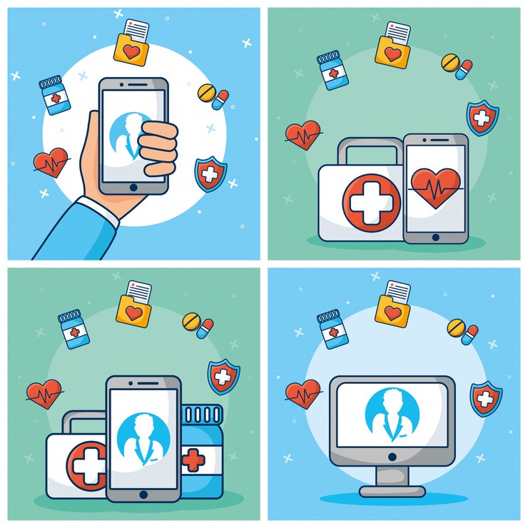 Vector tecnología de salud en línea con iconos de conjunto