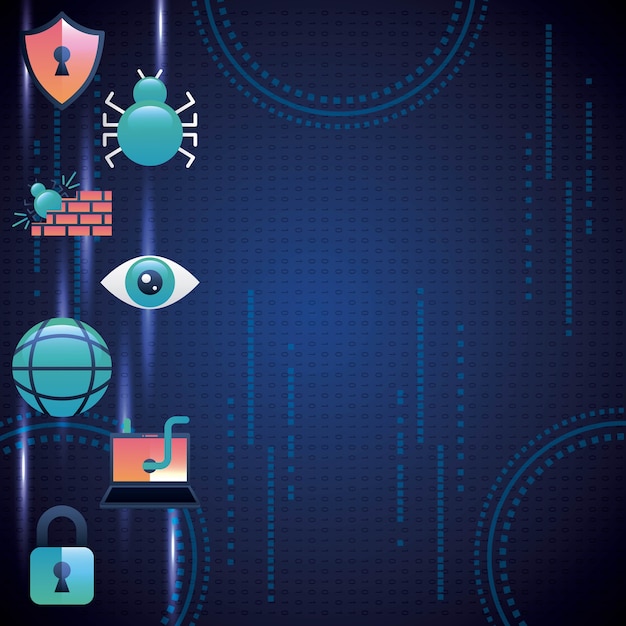 Vector tecnología de seguridad cibernética azul circuito binario números colorido firewall gusano crimen