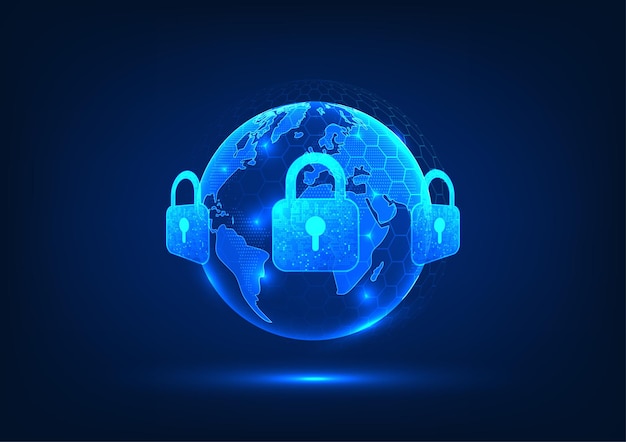 Tecnología de seguridad cibernética y privacidad de datos Un mundo rodeado de cerraduras muestra un sistema para evitar