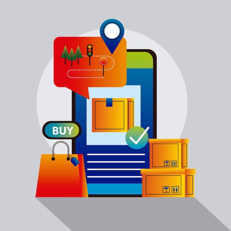 Vector tecnología de servicio de entrega en línea con smartphone y cajas, diseño de ilustraciones vectoriales