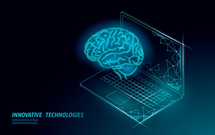 Vector tecnología de servicio de reconocimiento de voz de asistente virtual. soporte de robot de inteligencia artificial ai. cerebro de chatbot en la ilustración del sistema portátil.