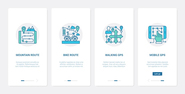 Tecnología de servicios de viaje de navegación gps ux ui onboarding conjunto de pantallas de página de aplicaciones móviles