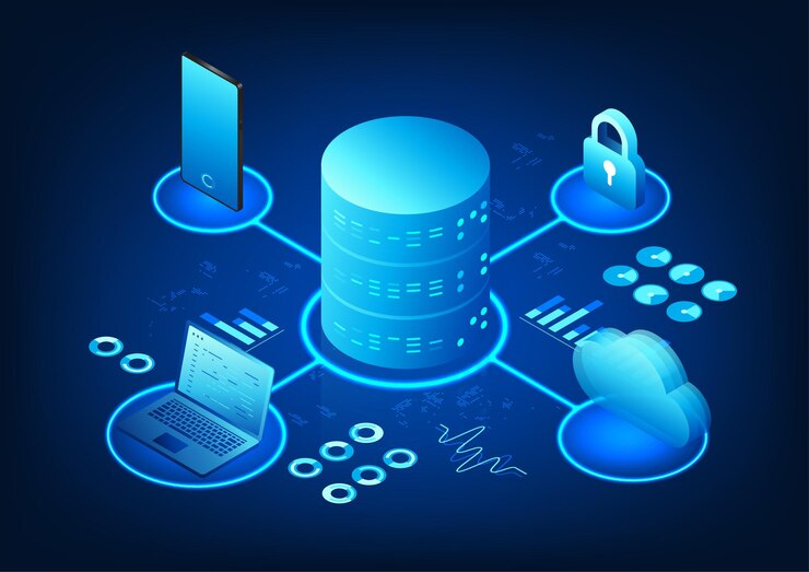 Vector la tecnología de servidor conectada a la nube con portátiles y teléfonos móviles transmite datos