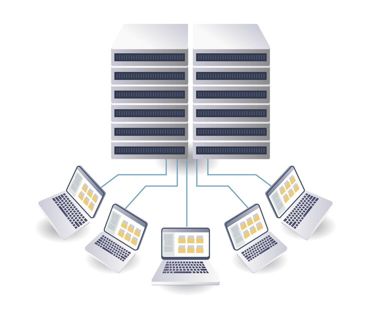 Vector tecnología de servidores de datos informáticos infografías ilustración 3d isométrica plana