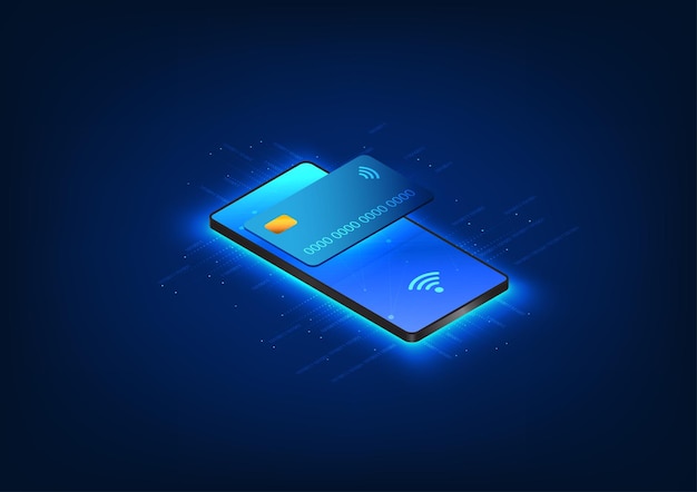 Tecnología de teléfono inteligente con una tarjeta de crédito colocada por encima de la pantalla del móvil
