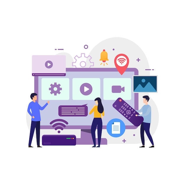 Tecnología de televisión inteligente con ilustración de vector de concepto de diseño de personas pequeñas