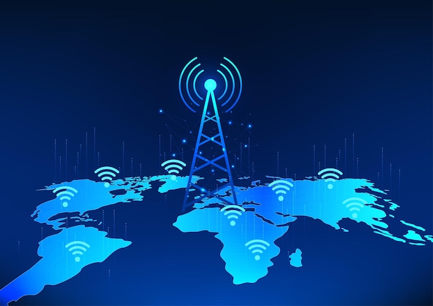 Tecnología de torre de transmisión en el mapa del mundo con icono wifi Se refiere a la tecnología de transmisión de señal