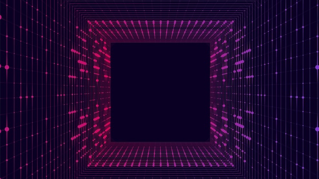Tecnología túnel cuadrado de wireframe en fondo oscuro rejilla futurista de agujero de gusano 3D ilustración vectorial de onda dinámica digital