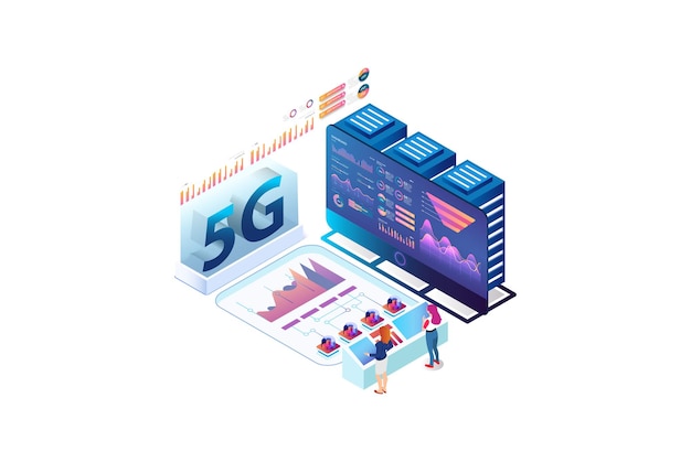 Tecnología de velocidad de Internet isométrica moderna. ilustración basada en línea