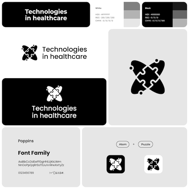 Tecnologías en atención médica logotipo de negocio monocromático con nombre de marca Átomo e icono de rompecabezas Elemento de diseño plantilla con fuente poppins Adecuado para innovación médica de tecnología de atención médica