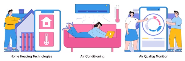 Tecnologías de calefacción para el hogar aire acondicionado y conceptos de monitor de calidad del aire con personajes de personas Paquete de ilustración de vector abstracto de automatización del hogar