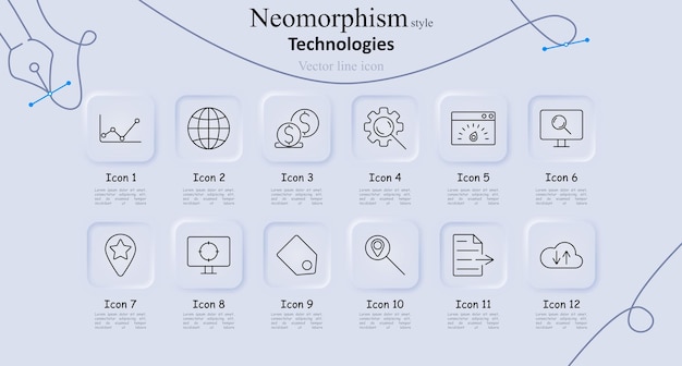 Tecnologías neomorfismo estilo iconas de línea conjunto Gráfico mundo cambio de divisas página web búsqueda ubicación pin monitor etiqueta documento nube carga tecnología moderna concepto de innovación digital