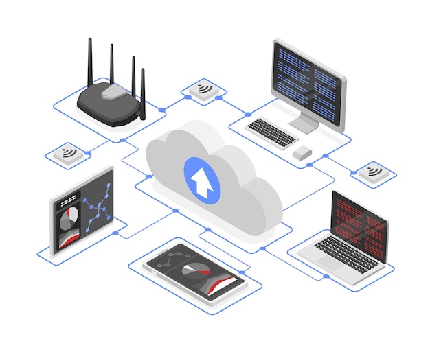 tecnologías en la nube concepto digital router isométrico tableta computadora portátil y teléfono inteligente utilizando un centro de datos de alojamiento escena vectorial impecable