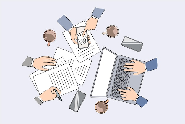 Tecnologías de trabajo en equipo y concepto de lluvia de ideas. Plano de manos de colegas humanos haciendo notas trabajando en una computadora portátil y usando el teléfono para la ilustración de vector de negocios
