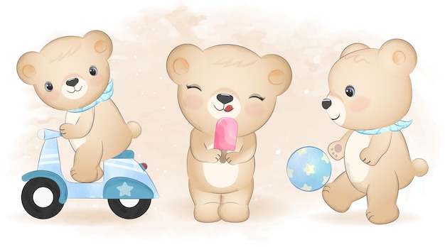 Teddy bear set ilustración acuarela de dibujos animados