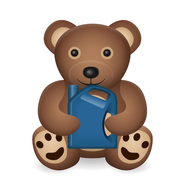 Teddy bear with motor oil bottle