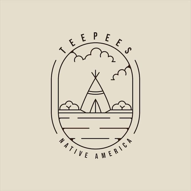 Teepees line art logo vector ilustración plantilla icono diseño gráfico tradicional campamento indio signo o símbolo para la aventura y la pasión por los viajes con el emblema de la insignia y el concepto de tipografía