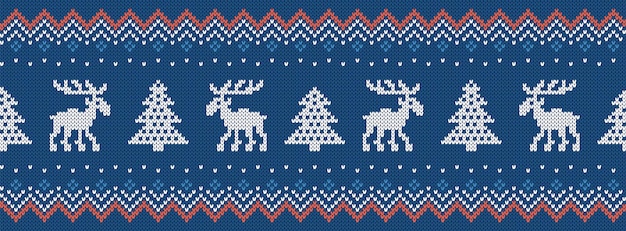 Tejer patrones sin fisuras de Navidad. Impresión azul con ciervos y árboles. Textura de suéter de punto.