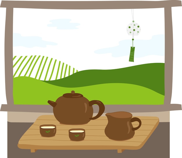 Tejera china y tazas de té en una bandeja de té con montañas y campanas de viento en el fondo