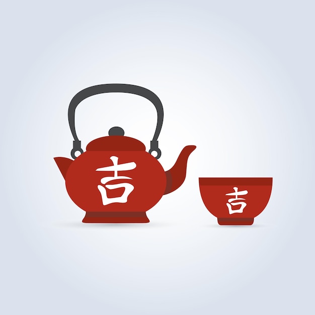Tejera roja china tradicional bebiendo té Icono de la tetera roja y la taza de vajilla arte vectorial