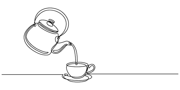 Tejera y taza de té vector una línea ilustración de dibujo continuo verter bebida lineal dibujado a mano