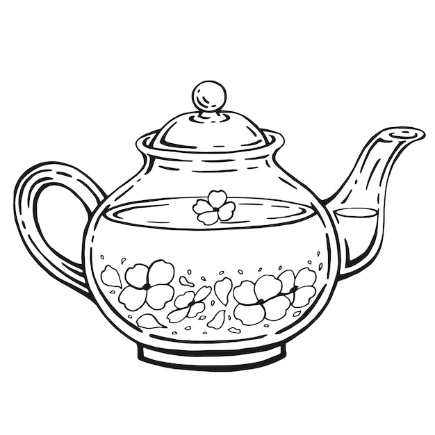 Tejera de té con té saludable de jazmín Ilustración vectorial dibujada a mano en estilo de contorno