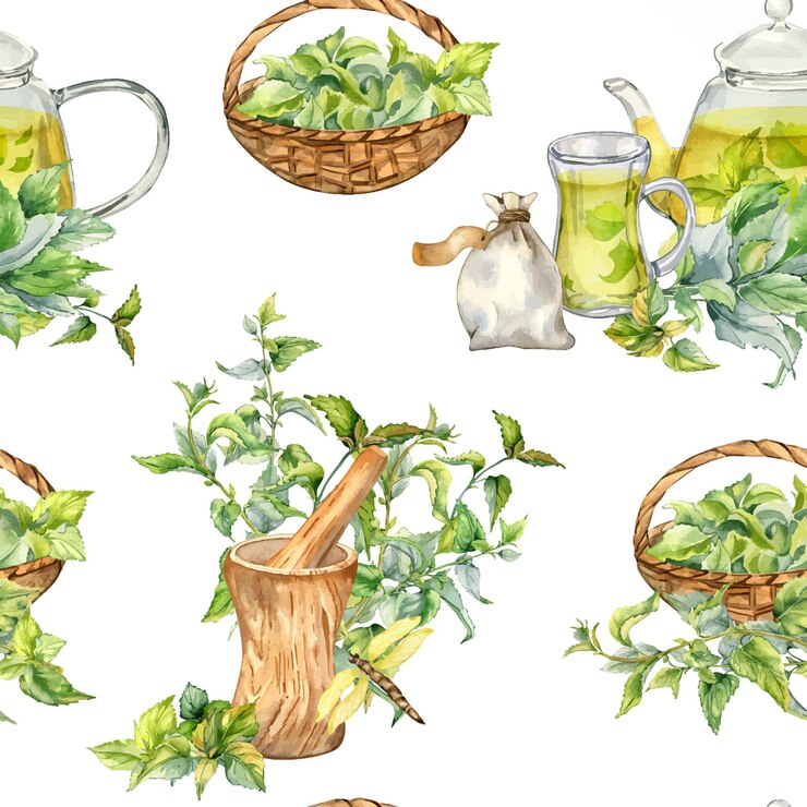 Vector tejera de vidrio de utensilios de madera con té de hierbas y acuarela de ortiga patrón sin costura aislado en blanco bolsa de hierba y canasta de paja con plantas medicinales dibujada a mano diseño para embalaje textil