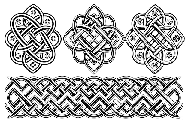 Tejidas celtas sin costuras Patrones anudados Fronteras y adornos irlandeses Ilustración vectorial de la colección
