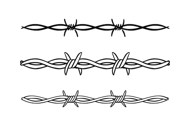Tejido de alambre de púas aislado plantilla de frontera Tejido De Alambre de Puñetazos conjunto de protección Tejidos de púas silueta contorno clipart