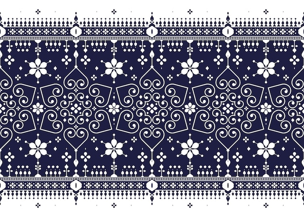 Tejido étnico geométrico blanco patrón sin costuras en fondo azul oscuro diseño para alfombra de tela, etc.