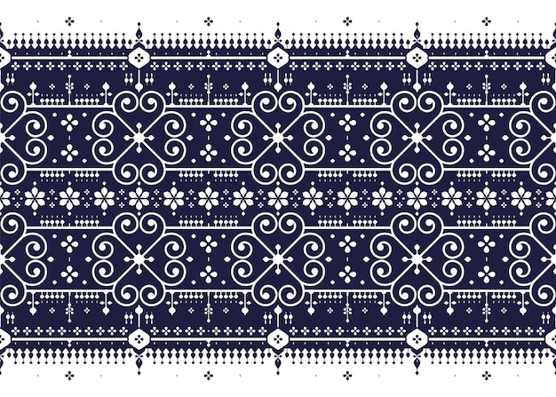 Tejido étnico geométrico blanco patrón sin costuras en fondo azul oscuro diseño para alfombra de tela, etc.