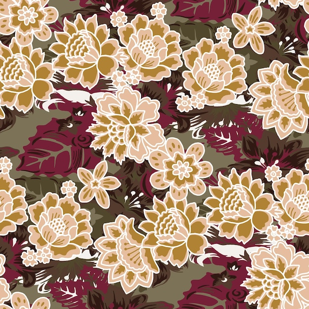 Tejido floral vintage con flores y hojas en flor