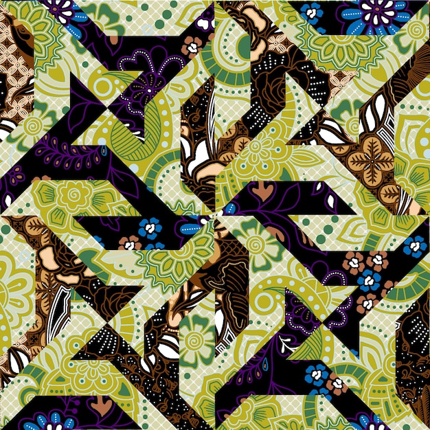 Tejido de patchwork geométrico con motivos florales y de perejil