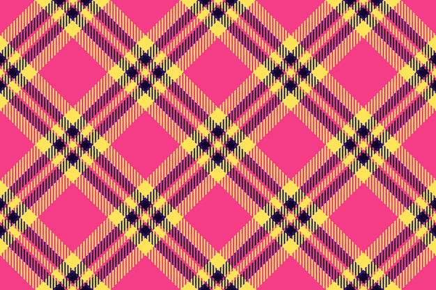 Tejido de tartan de textura vectorial sin costuras con un fondo a cuadros textil de patrón en colores rosa y amarillo