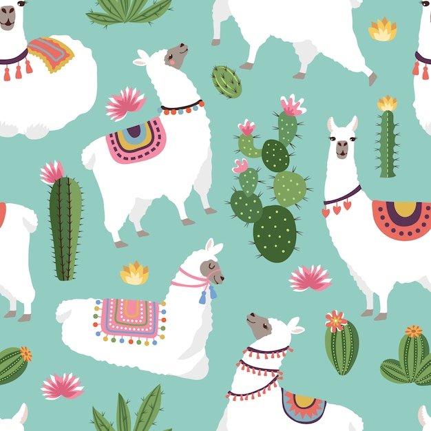 Tejido textil de patrones sin fisuras con ilustraciones de llama y cactus. Vector sin patrón de alpaca, cactus verde