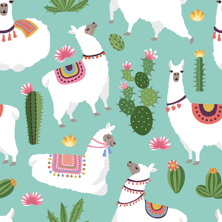 Vector tejido textil de patrones sin fisuras con ilustraciones de llama y cactus. vector sin patrón de alpaca, cactus verde