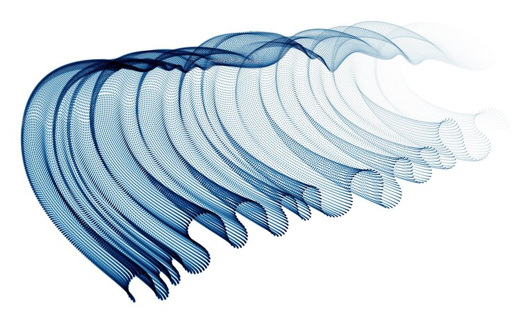 Vector tejido de tul transparente de onda dinámica en el viento, flujo de partículas, efecto en movimiento. fondo abstracto vectorial. malla combinada de puntos de forma 3d, papel tapiz relajante y relajante.