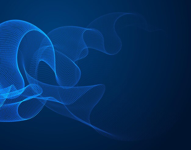 Tejido de tul transparente de onda mágica dinámica en el viento sobre la oscuridad, flujo de partículas, efecto en movimiento. Fondo abstracto vectorial. Malla combinada de puntos de forma 3d, papel tapiz relajante y relajante.