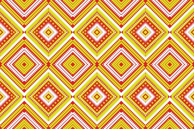 tela de repetición rotativa étnica sin costuras y diseño de mosaico blanco amarillo rojo para alfombras textiles impresas