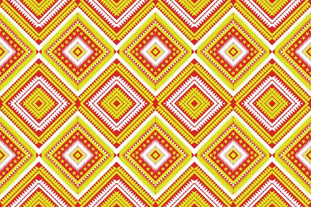 tela de repetición rotativa étnica sin costuras y diseño de mosaico blanco amarillo rojo para alfombras textiles impresas