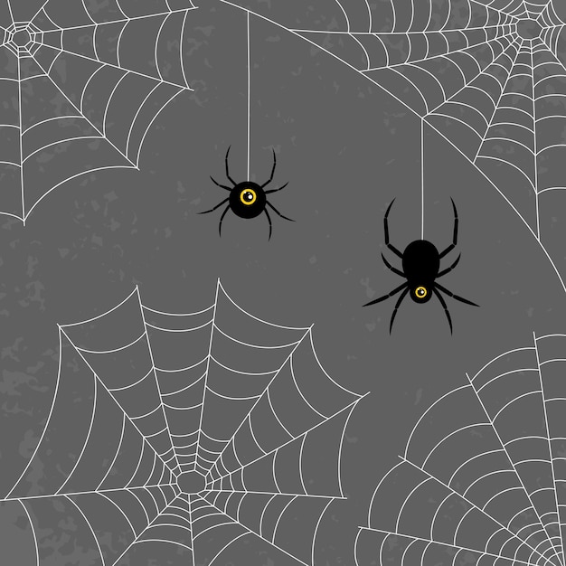 Vector telaraña y arañas en estilo plano. fondo gris oscuro. víspera de todos los santos. ilustración vectorial. conjunto de funciones para el diseño