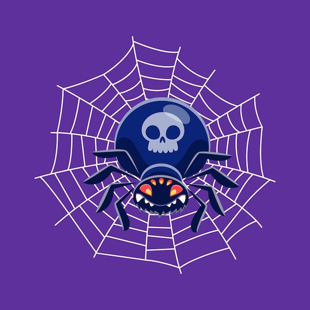 Vector telaraña de halloween con personaje de araña horror noche vacaciones monstruo espeluznante dibujos animados vector aislado feliz fiesta de halloween espeluznante araña aterradora con cráneo esqueleto en telaraña para truco o trato